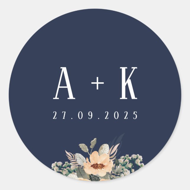 Sticker Rond Stickers, Élégant monogramme bleu floral (Devant)