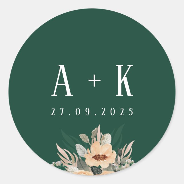 Sticker Rond Stickers, Élégant monogramme floral vert foncé (Devant)