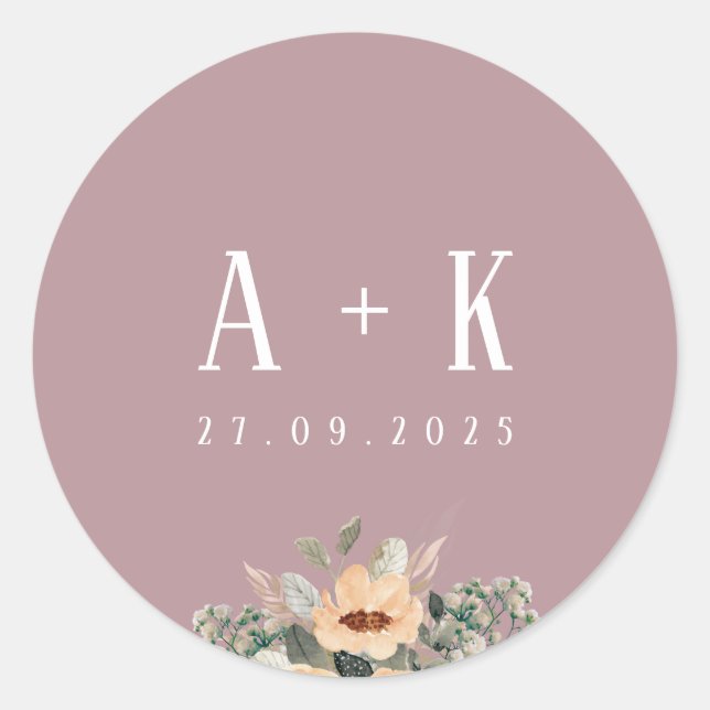 Sticker Rond Stickers, Élégant monogramme rose floral (Devant)