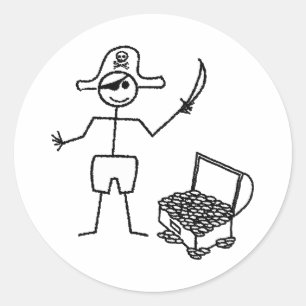 Sticker Rond Stickman Pirate Avec Poitrine Au Trésor