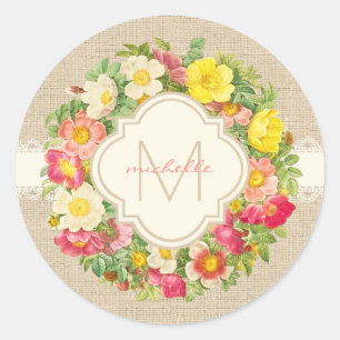 Sticker Rond Sticleur rond de linge de couronne Vintage Monogra