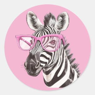 Sticker Rond Sticleur Zebra avec lunettes roses Pink Light Pink