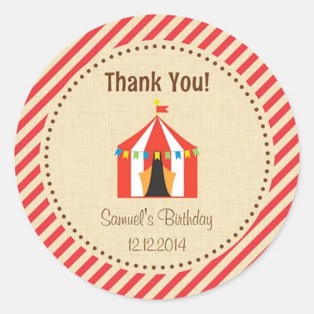 Sticker Rond Sticule d'anniversaire Tente de cirque Stripes rou (Devant)