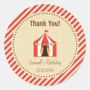 Sticker Rond Sticule d'anniversaire Tente de cirque Stripes rou