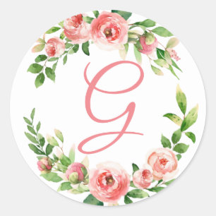 Sticker Rond Sticule de monogramme de couronne de fleurs rose