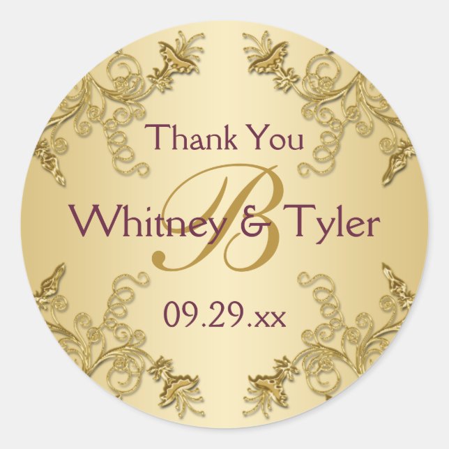 Sticker Rond Sticule Monogramme Vin Plum et or Floral Damask (Devant)