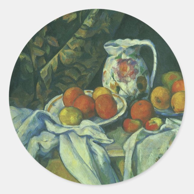 Sticker Rond Still Life, Curtain and Pitcher par Paul Cezanne (Devant)