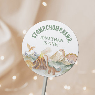 Sticker Rond Stomp Chomp Rawr Boy Dinosaur 1er anniversaire