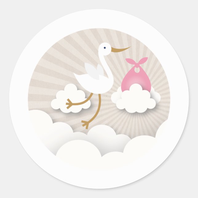 Sticker Rond Stork avec Baby shower fille Bundle rose (Devant)