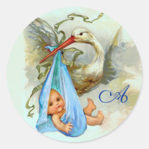 STICKER ROND STORK BÉBÉ GARÇON DOUCHE BLEU MONOGRAM,