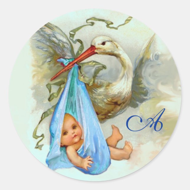 STICKER ROND STORK BÉBÉ GARÇON DOUCHE BLEU MONOGRAM, (Devant)