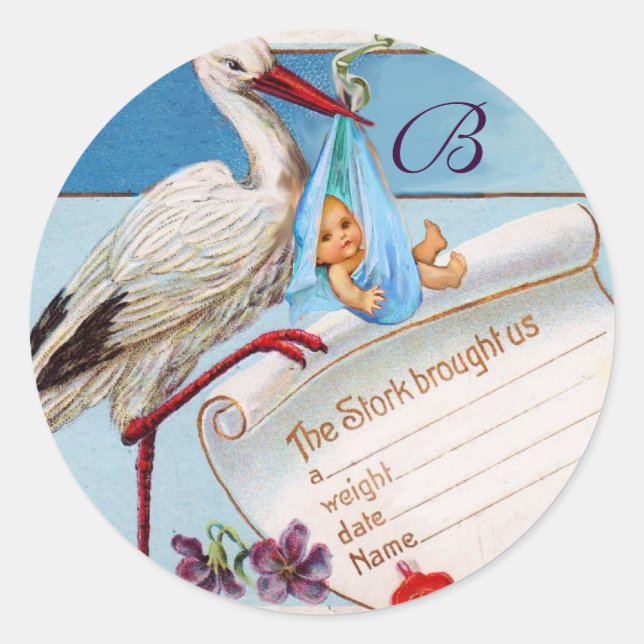STICKER ROND STORK BÉBÉ GARÇON DOUCHE MONOGRAM (Devant)