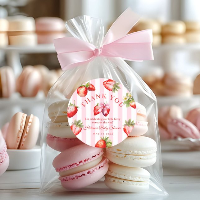 Sticker Rond Strawberry Coquette Bow Baby Shower Favor Gift (Cute Strawberries Baby Shower Thank you gift stickers)