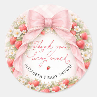 Sticker Rond Strawberry Coquette Pink Bow Baby Shower Thank You