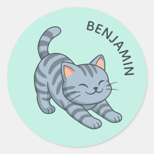 Sticker Rond Stretching Grey Tabby Cat Green Custom Name (Devant)