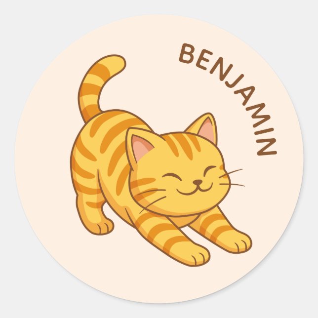 Sticker Rond Stretching Orange Tabby Cat Beige Custom Name (Devant)