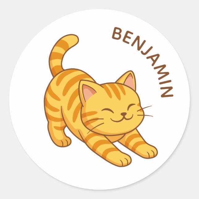 Sticker Rond Stretching Orange Tabby Cat Custom Name (Devant)