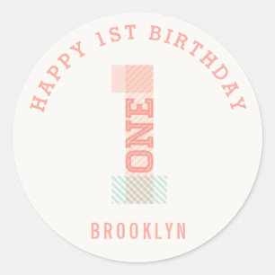 Sticker Rond Stripes modernes Big Number ONE 1st Birday Party