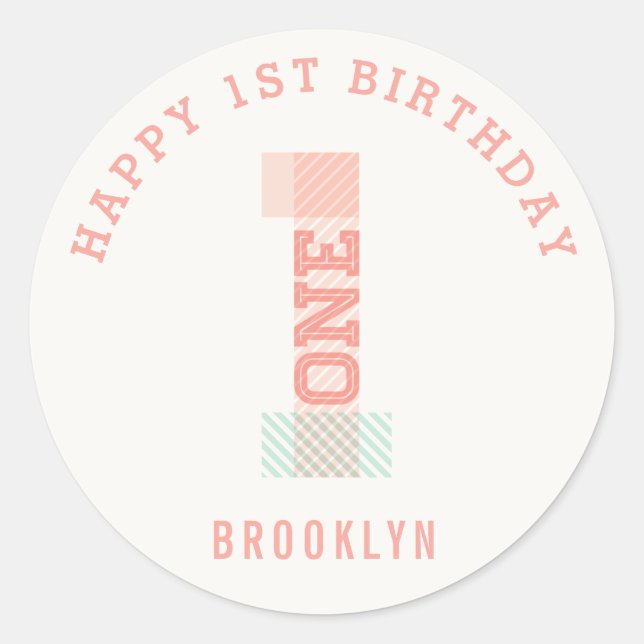 Sticker Rond Stripes modernes Big Number ONE 1st Birday Party (Devant)