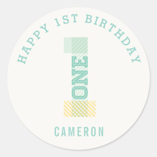 Sticker Rond Stripes modernes Big Number ONE 1st Birday Party (Devant)