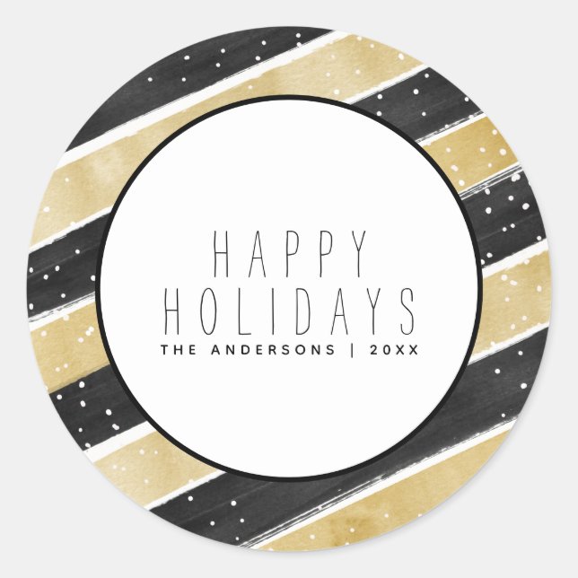 Sticker Rond Stripes modernes de Flocon de Neige Noir & Or (Devant)