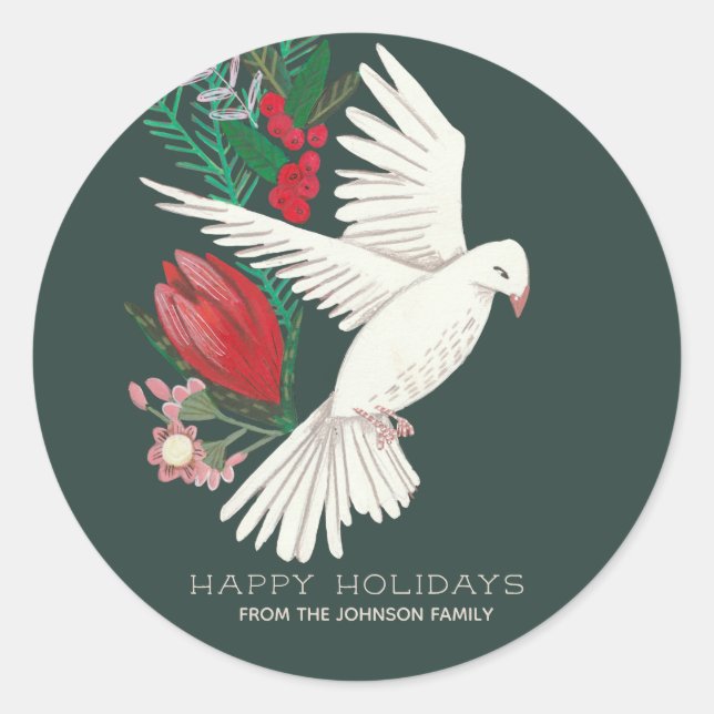 Sticker Rond Style Botanique Vert & Rouge Dove Noël (Devant)