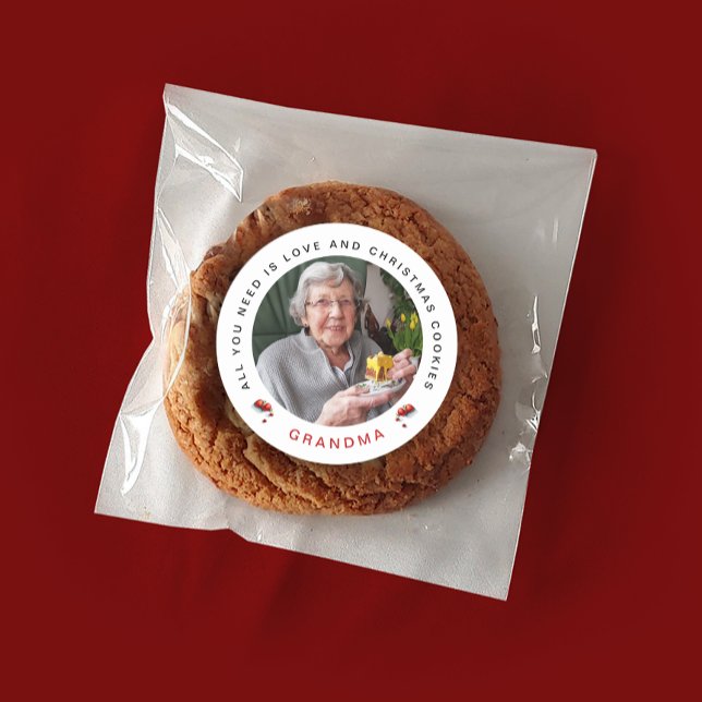Sticker Rond Style Chic Rouge Blanc Noël Cookie Photo Nom (Créateur téléchargé)
