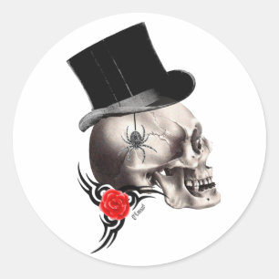 Sticker Rond Style crâne gothique et tatouage rose