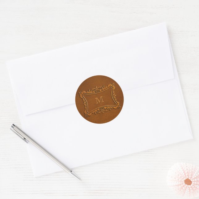 Sticker Rond Style cuir avec Monogramme personnalisable (Enveloppe)