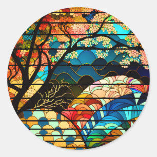 STICKER ROND STYLE D'ART JAPONAIS MODERNE DE LA FORÊT