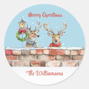 Sticker Rond Style Funky Quirky Aquarelle Reindeer Noël