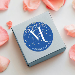 Sticker Rond Stylé Glam Argent Pailleté Bleu Nom Monogramme