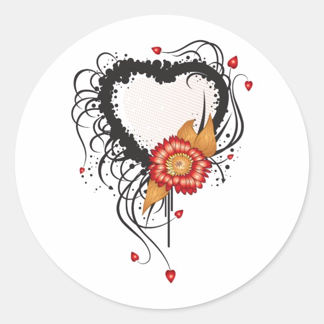 Sticker Rond Style Grunge Noir Coeur et Fleur (Devant)