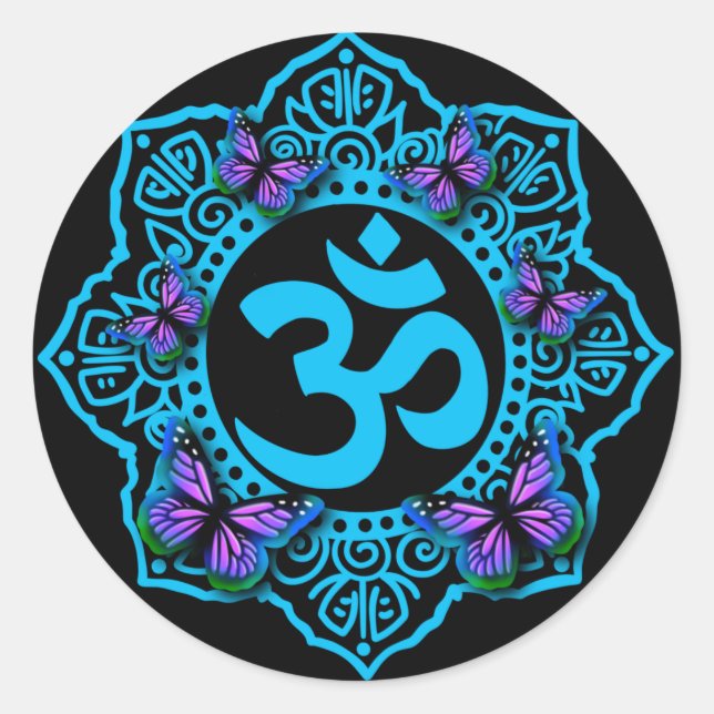Sticker Rond Style mandala bleu ohm avec papillons violets (Devant)