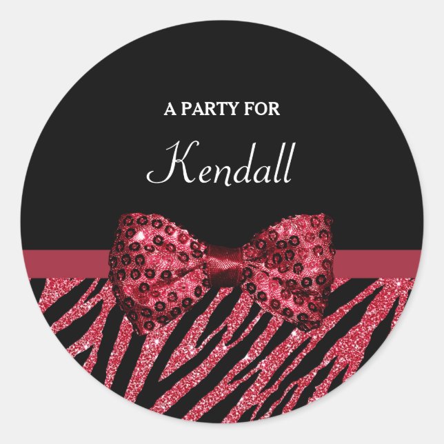 Sticker Rond Style Red Zebra Print FAUX Glitz Bow avec nom (Devant)