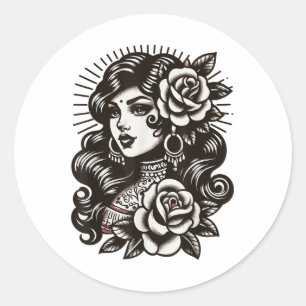 Sticker Rond Style Tatouage Vintage Lady tzigane _1