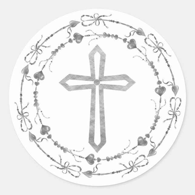 Sticker Rond Stylish Grey Cross Boho Wreath Baptism (Devant)