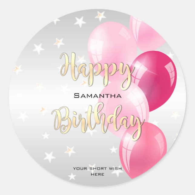 Sticker Rond Stylish Starry Joyeux anniversaire et ballons rose (Devant)