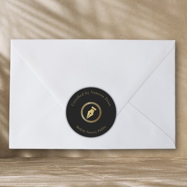 Sticker Rond Stylo Noir & Or moderne Certifié par (Créateur téléchargé)