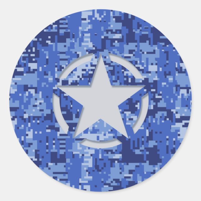 Sticker Rond Stylo Star Retro Camouflage bleu marine (Devant)