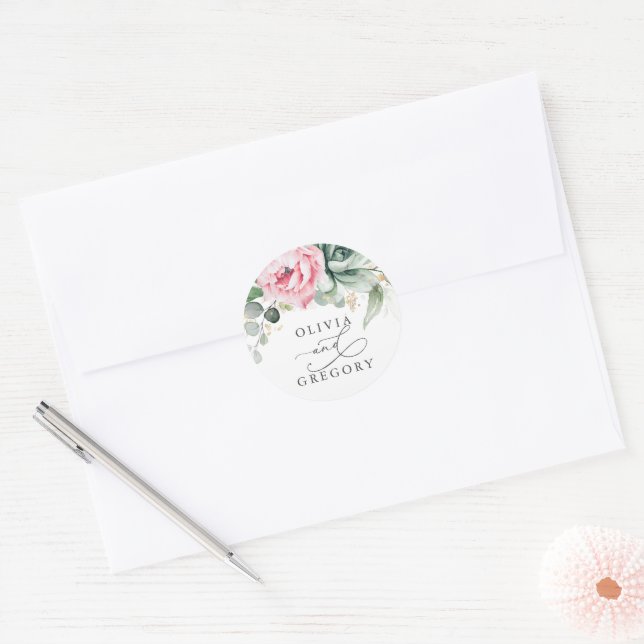 Sticker Rond Succulents Mariage de verdure et de fleurs roses (Enveloppe)