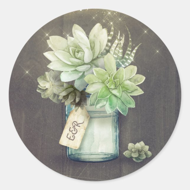 Sticker Rond Succulents Mason Jar Rustique Initiales Mariages (Devant)