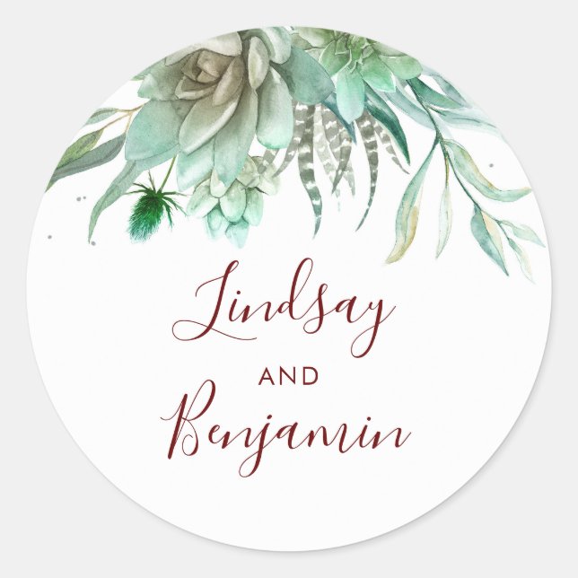 Sticker Rond Succulents Verdure Bourgogne Rouge Mariage (Devant)
