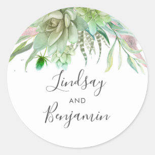 Sticker Rond Succulents Verdure Rose Mariage Or