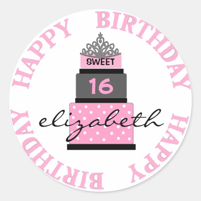 Sticker Rond Sucré 16 gâteau rose (Devant)