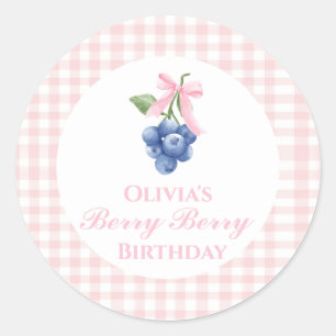 Sticker Rond Sucré aux myrtilles anniversaire Ruban rose Gingha