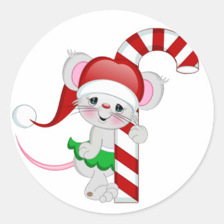 Sticker Rond Sucre de canne de la souris de Noël