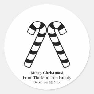 Sticker Rond Sucre de canne de Noël noir blanc nom personnalisé