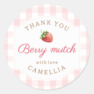 Sticker Rond Sucré fraise rose En vichy Merci