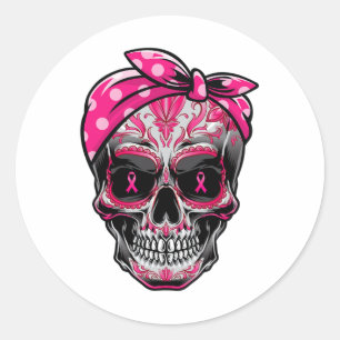 Sticker Rond Sugar Skull Cancer du sein Sensibilisation Pink Ri